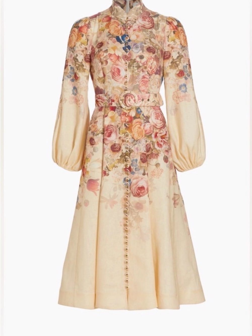 Zimmermann Luminosity Floral Belted Midi Dress in Soft Cream